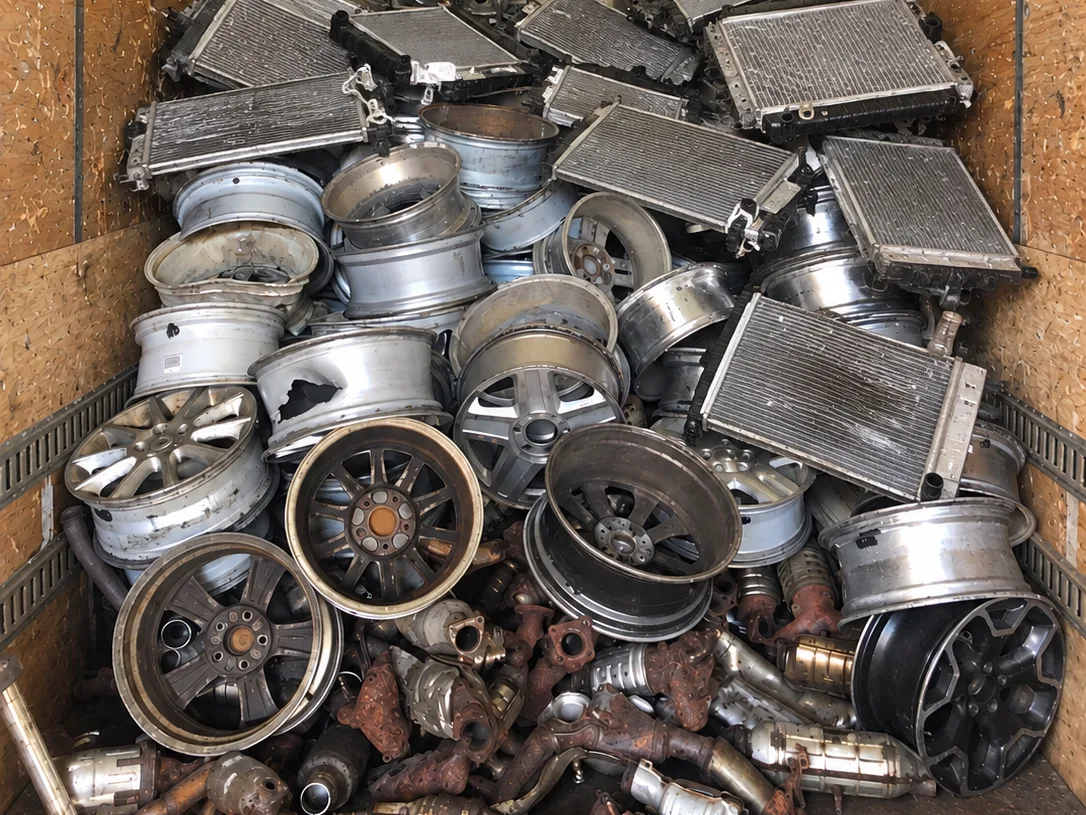 Box truck loaded with aluminum wheels, radiators, and catalytic converters