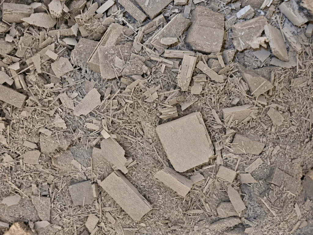 Close-up of decanned honeycomb ceramic catalyst substrate, broken into blocks and fragments