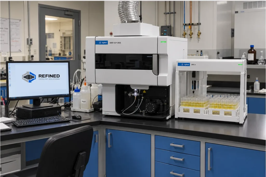 ICP-OES instrument with an autosampler rack of prepared samples, beside a workstation showing the Refined Catalyst Solutions logo